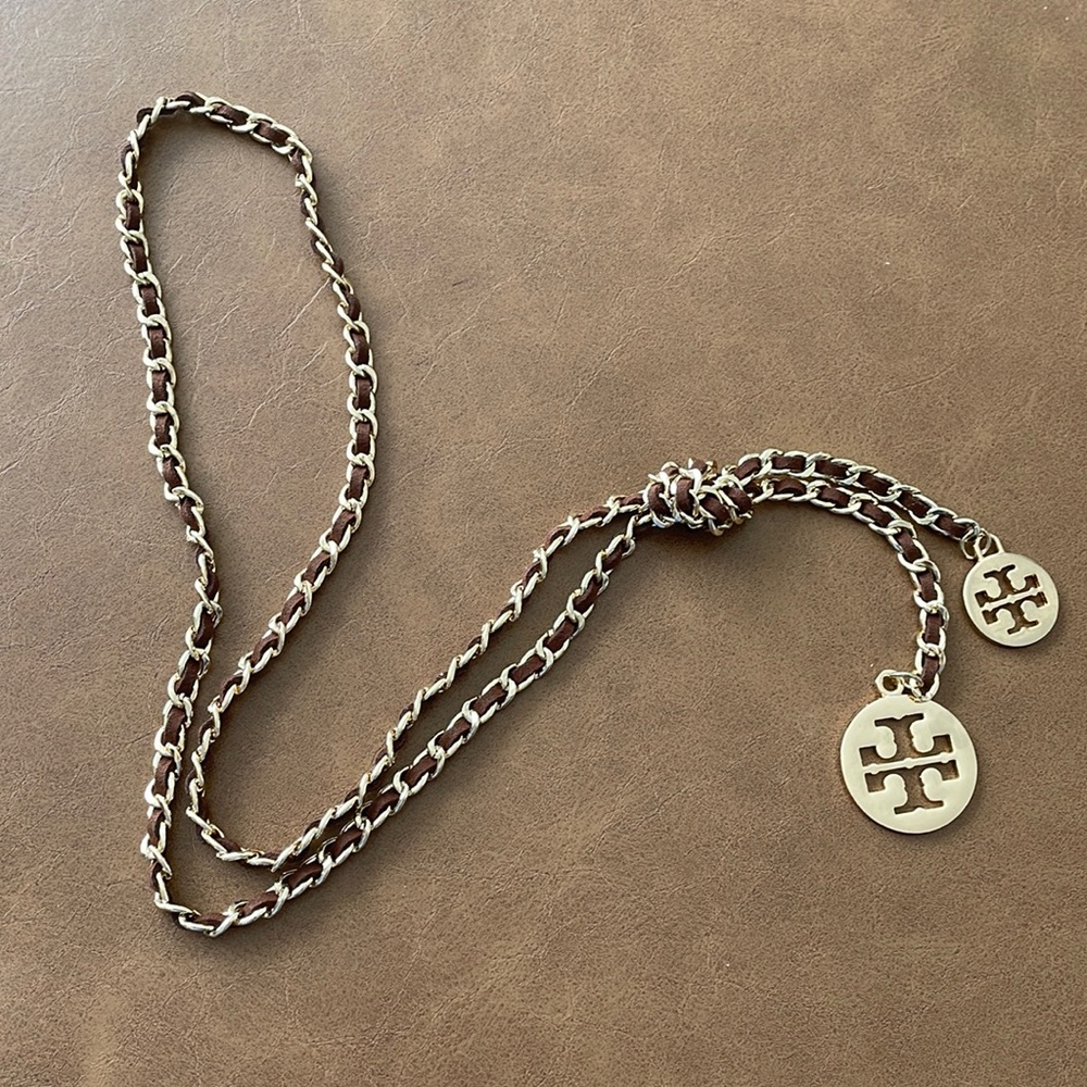 Tory Burch Valero Brown Leather Double Pendant Necklace